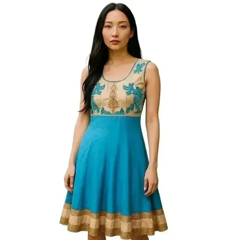 India Gold Border Sky Blue Turquoise Beads & Rhinestones Anarkali Long Dress